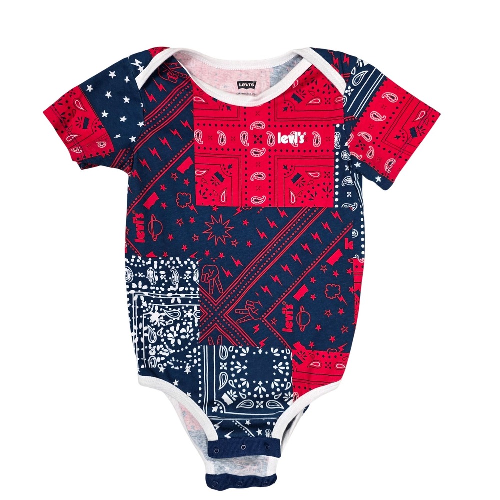 Levi's Bandana Patchwork Bodysuit Baby 24M Red Blue GOOD Cotton Patchwork Style